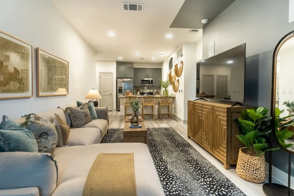 living room and kitchen show room-Alta Cypress springs-pet friendly apartments in Houston